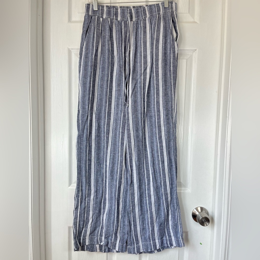 Briggs Blue White Stripe Linen Blend Wide Leg Pants Medium